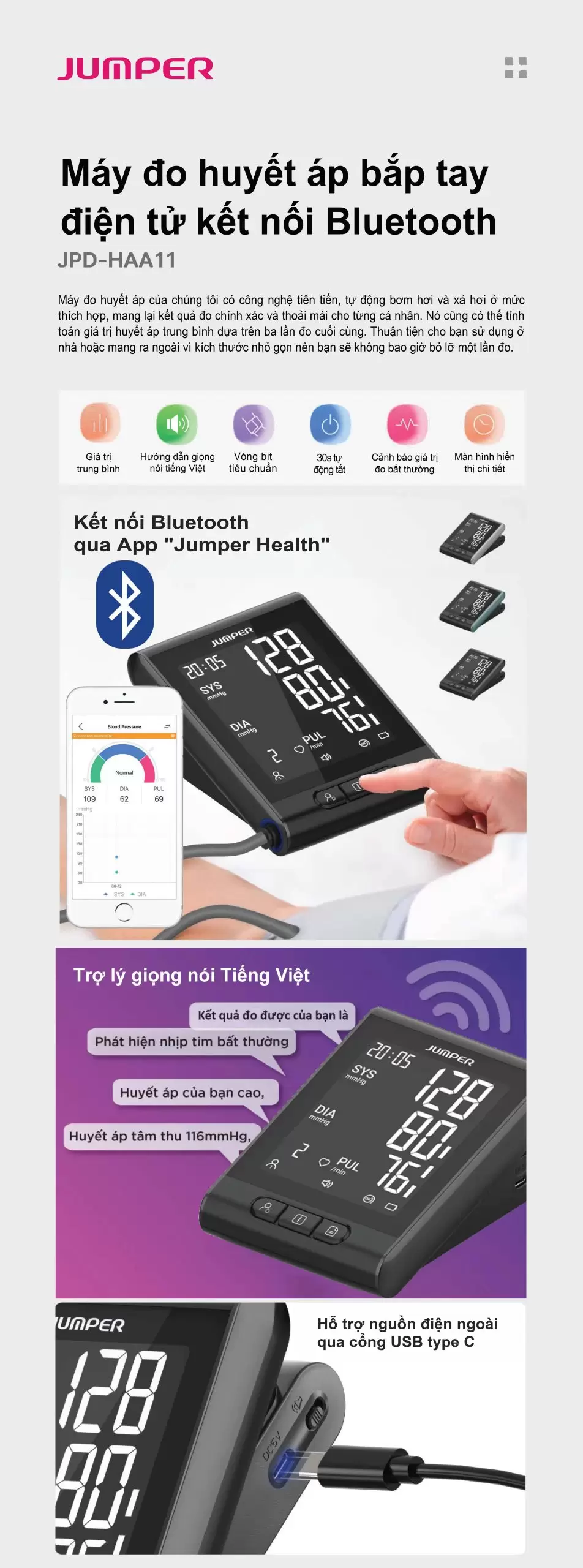 Máy đo huyết áp bắp tay điện tử kết nối Bluetooth Jumper JPD-HAA11 4 Máy đo huyết áp bắp tay điện tử kết nối Bluetooth Jumper JPD-HAA11