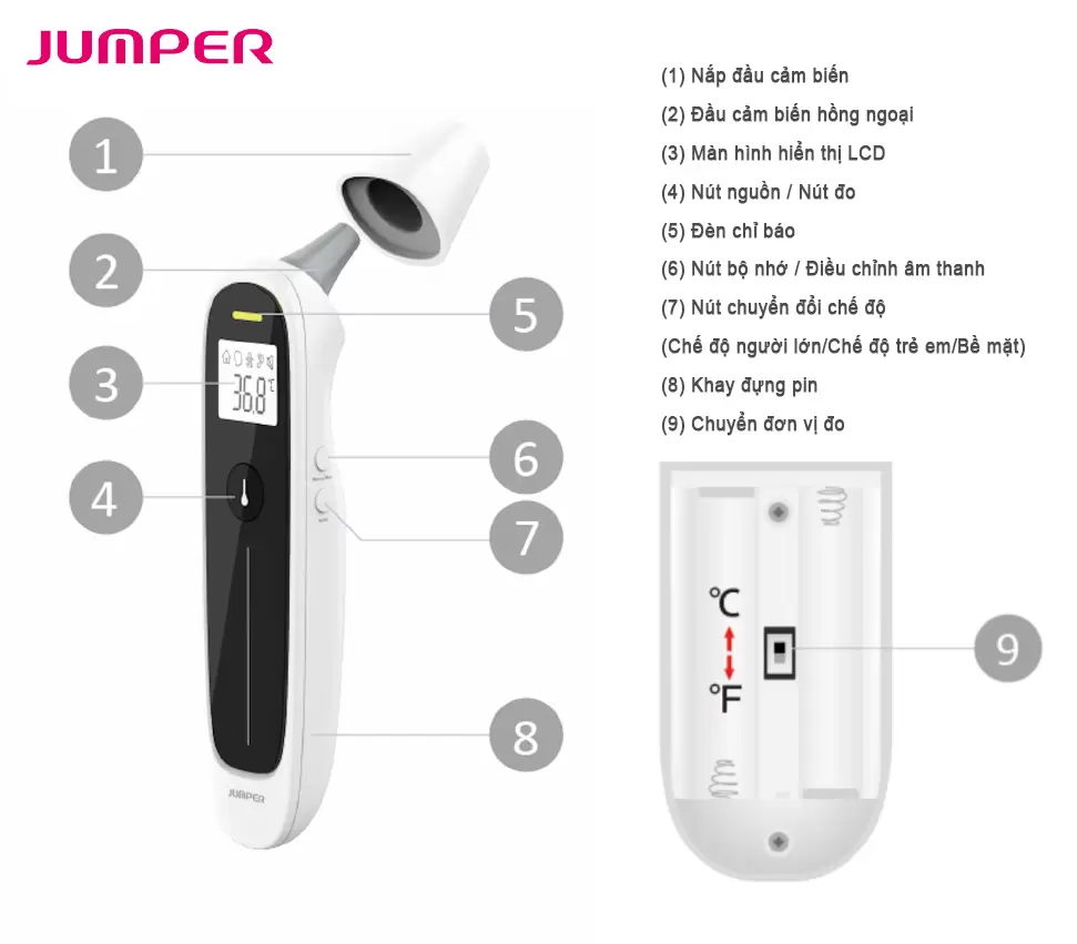 Nhiệt kế điện tử hồng ngoại đo trán và tai Jumper JPD-FR302 5 Thông số kỹ thuật nhiệt kế điện tử hồng ngoại đo trán và tai Jumper JPD-FR302